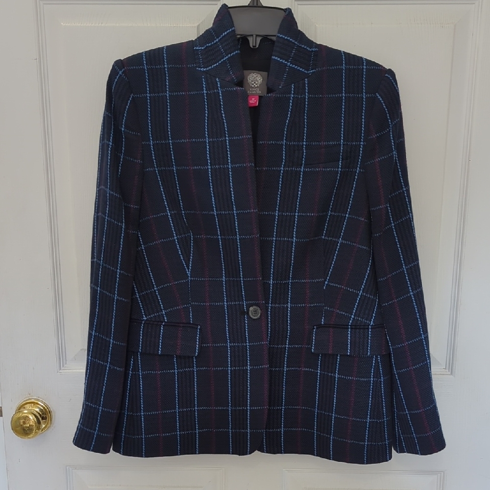 Vince Camuto Navy Plaid One Button Blazer